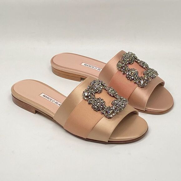 Manolo Blahnik Beige Satin Jewel Buckled Flat Sandals size 37 - Picture 4 of 15